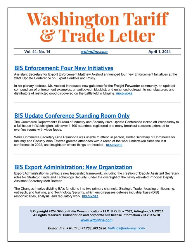 Vol 44 No. 14 April 1, 2024 Washington Trade & Tariff Letter